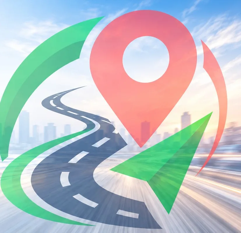 Ilustrație cu elementele siglei GPSCU: pin de localizare, drum și săgeată